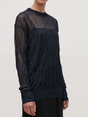 COS Navy Sheer Textured Mesh Crewneck Sweater